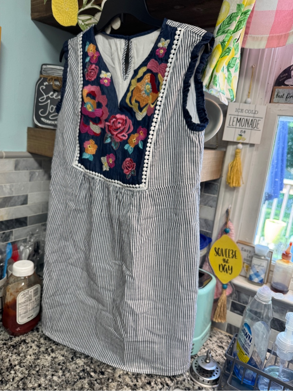 Savanna Jane Navy & White Striped Dress with Multicolor Floral Embroidery